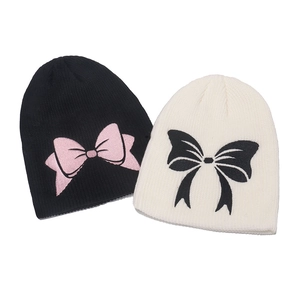 Bow Embroidery Beanie Hat Acrylic Knit Ribbed Winter Warm Windproof K-Fashion For Women