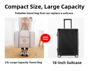 Visual size comparison of a 23L grey travel bag next to an 18-inch hardshell suitcase