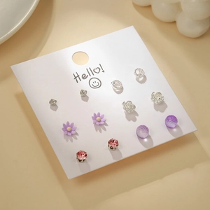 Set of 6 pairs of fashion heart pearl stud earrings with purple resin flower designs