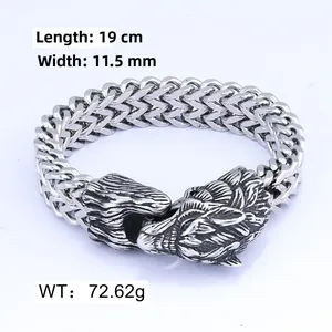 Detail view of 19cm wolf head punk bracelet with 11.5mm double-row woven chain specs