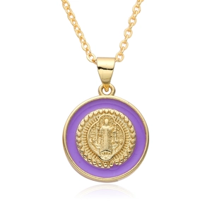 Religious Saint Benedict gold pendant necklace with purple enamel and O-chain for women