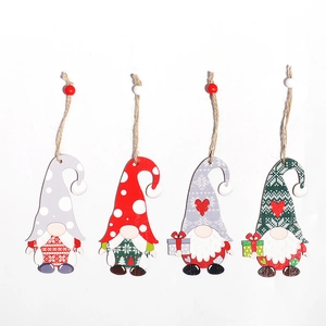Set of four Nordic wooden Christmas gnome ornaments with hanging loops in red and grey