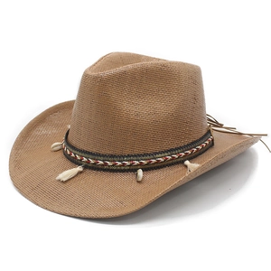 Brown woven straw cowboy hat with ethnic shell band and tassels for outdoor sun protection