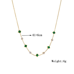 Gold stainless steel necklace with green square gem, 41+6cm length and 4g weight detail
