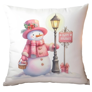 Christmas snowman cushion cover with pink hat and Happy Holidays print on white fabric