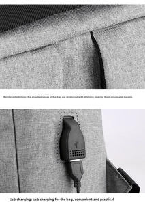 Detail of reinforced shoulder strap stitching and external USB charging port on backpack