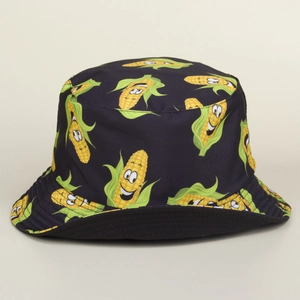 Detail view of the black bucket hat with all-over cute cartoon corn pattern and stitching