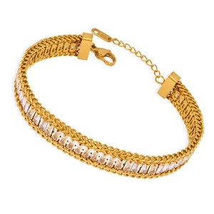 Elegant gold titanium bracelet with rectangular zircon inlay and polished chain
