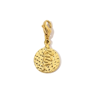 Macro detail of a gold snake embossed coin pendant with hammered texture and lobster clasp