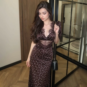 Detail of dark brown polka dot dress with black lace trim and V-neckline finish