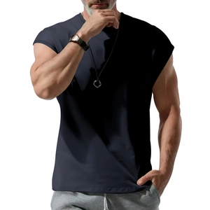 Detail of navy blue sleeveless shirt showing the fit and crew neck on a male model
