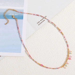 Handmade rhodochrosite beaded necklace with colorful round beads and gold-tone lobster clasp