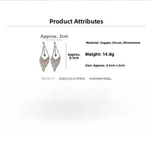 Detail specifications of silver needle tassel earrings with dimensions 8.5cm by 3cm