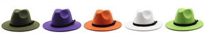 Serie di cappelli Fedora in lana colorati con cinturini neri e fibbie argento