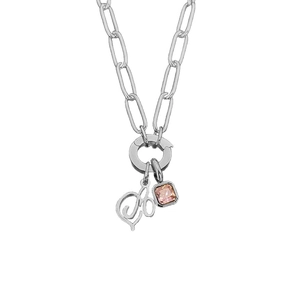 Titanium steel necklace featuring letter A charm and a pink square gemstone pendant