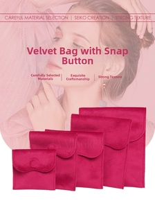 Detailed view of rose red velvet jewelry pouches with snap button closures in various sizes
