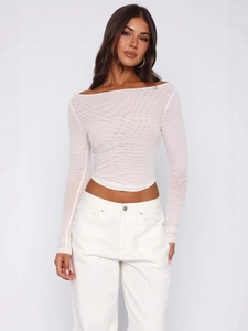 Sexy off-shoulder long sleeve sheer mesh crop top in cream white with a slim fit