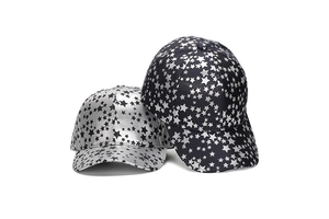Close-up of pentagram star print baseball caps with metallic finish and twill texture