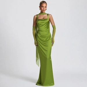 Detail view of emerald green satin evening dress with matching mesh gloves and neck strap