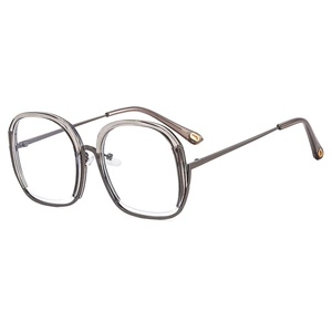 Fashionable oversized round dark gray metal frame glasses with anti-blue light clear lenses