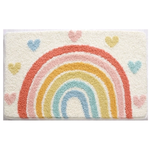 Rectangular absorbent plush bathroom mat with colorful rainbow and heart patterns