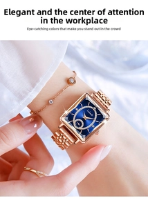 Close-up of luxury square rose gold watch with deep blue starry dial on female wrist