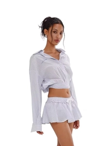 Detailed embroidery of Good Night text on blue striped long sleeve shirt set