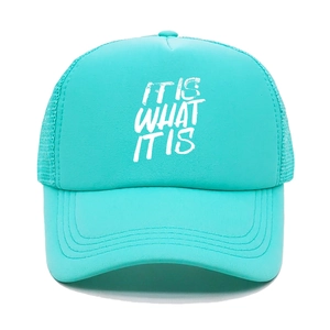Detail of turquoise trucker hat featuring breathable mesh and It Is What It Is print