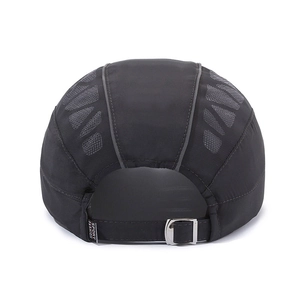 Breathable black mesh sports cap for men with adjustable metal buckle back view