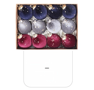 Detail of 6cm velvet Christmas ball ornaments with gold stars in navy, grey, and wine red