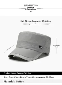 Detail view of grey cotton flat top cap with breathable side mesh and silver buckle accents