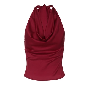 Detail of dark wine red satin halter top featuring cowl neck and back tie-up design