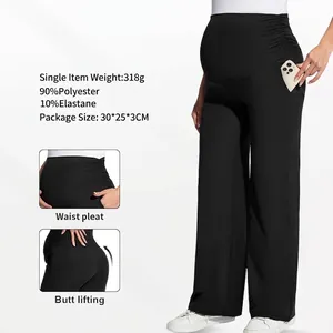 Maternity Straight Leg Pants High Waist Over Belly Support Side Pockets Ruched Elastic Trousers For Pregnant Women