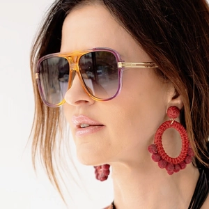 Fashionable gradient square sunglasses with amber to violet frames and gold metal temples