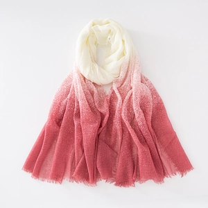 Close-up of lightweight linen gradient scarf featuring a fringed edge and soft texture