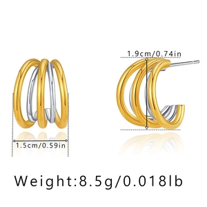 Detail view showing dimensions of multi-layered C-shaped two-tone gold and silver earrings