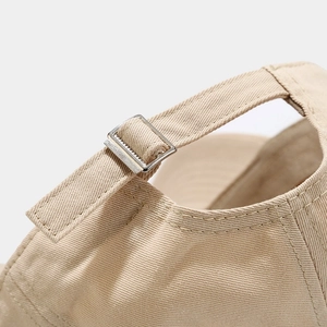 Adjustable metal buckle back view of khaki cotton baseball cap with twill texture detail