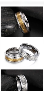 Detailed macro view of Celtic dragon patterns on polished silver and gold tungsten rings