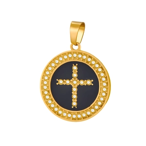 Macro detail of golden cross pendant with black enamel inlay and sparkling zircon border