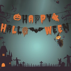 Glittering Happy Halloween banner with orange pumpkin, black bat and ghost decorations