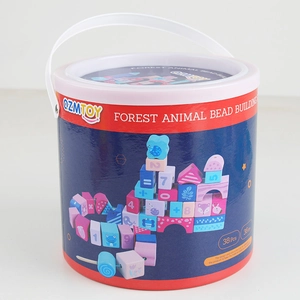 Detailed view of 38-piece wooden animal beads toy set in a red portable bucket