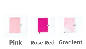 Detail view of colorful plush A5 notebooks with metal security locks and keys