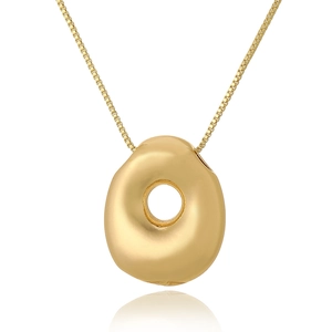 Detailed view of a gold hollow circular pendant on a box chain with mirror reflection