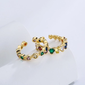 Colorful Heart Zircon Open Ring Copper 18K Gold Plated Geometric Adjustable Jewelry For Women Trendy