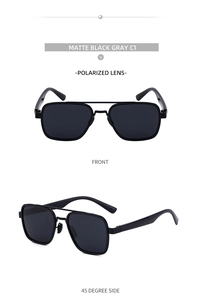 Detailed front and side views of matte black square polarized sunglasses with grey lenses