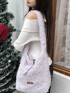 Lavender fluffy lamb wool hobo bag for women featuring large capacity and soft texture