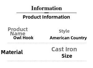 Information chart for American rustic cast iron owl wall hook showing material and style
