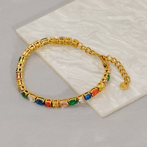 Colorful oval zircon tennis bracelet in gold stainless steel with adjustable chain