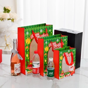 Christmas window gift bags with Santa Claus patterns and red ribbon handles in 3 sizes