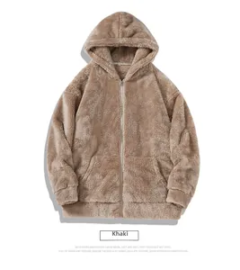 Detailed texture of khaki sherpa fleece hooded jacket showing soft plush material